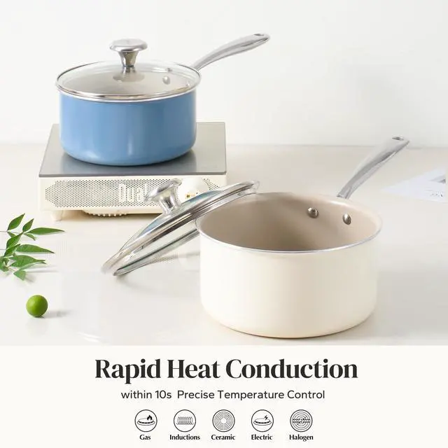 Alt view image 6 of 7 - Nonstick Ceramic Sauce Pan With Lid, 3.5QT Small Cooking Pot with Stay-Cool Handle, Kitchen Non Toxic Soup Pot, PTFE & PFOA Free, Oven & Dishwasher Safe, Compatible with All Stovetops-Beige