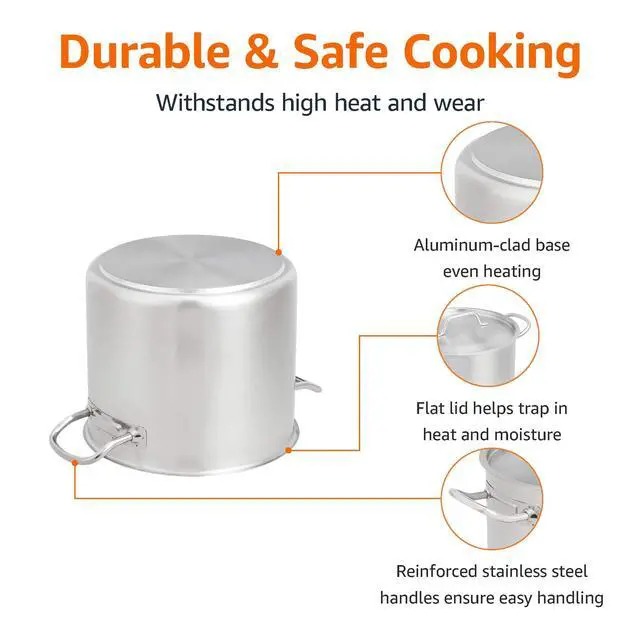 Alt view image 2 of 5 - 12 Quarts Stainless Steel Aluminum-Clad Stock Pot with Cover, Induction Compatible, Dishwasher Safe, Oven Safe, Even Heating, Soup and Pasta Pot