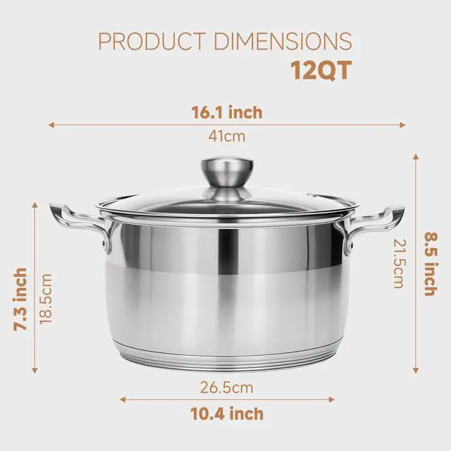 Alt view image 2 of 7 - Stainless Steel Stock Pot - 12 Quart Large Cooking Pot with Lid for Pasta, Soup, Spaghetti, Nonstick Thick Base Deep Stockpot, Kitchen Cookware for Stew, Simmer, Boiling, Canning
