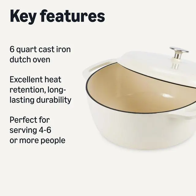 Alt view image 2 of 6 - Enameled Cast Iron Dutch Oven Pot with Lid, Round, Dual Handles, Heavy-Duty, Oven Safe for Stews, Roasting, Baking, 6-Quart, White