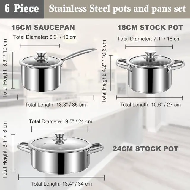 Alt view image 2 of 7 - Stainless Steel pots and pans set, 6 Piece Nonstick Induction Kitchen Cookware Set, Works with Induction/Electric and Gas Cooktops, Nonstick, Oven Safe, Camping Cookware