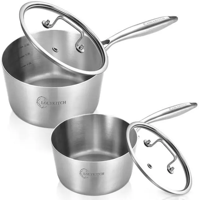 Main image of Stainless Steel Saucepan Set with Glass Lids, 1QT & 3QT Cooking Pots, Uncoated Heavy Bottom Metal Sauce Pans for Induction Cooktop, Ergonomic Handle