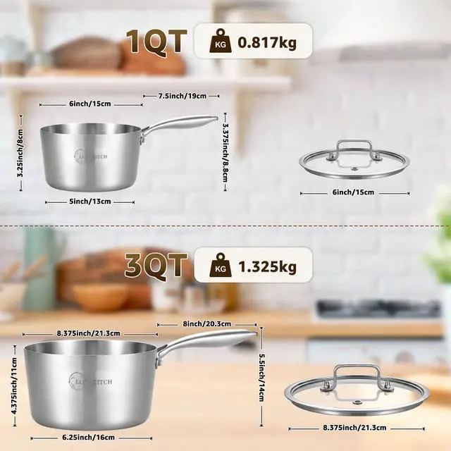 Alt view image 2 of 7 - Stainless Steel Saucepan Set with Glass Lids, 1QT & 3QT Cooking Pots, Uncoated Heavy Bottom Metal Sauce Pans for Induction Cooktop, Ergonomic Handle