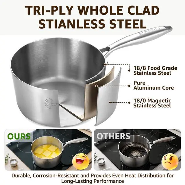 Alt view image 3 of 7 - Stainless Steel Saucepan Set with Glass Lids, 1QT & 3QT Cooking Pots, Uncoated Heavy Bottom Metal Sauce Pans for Induction Cooktop, Ergonomic Handle