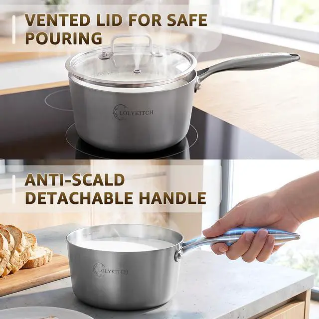 Alt view image 4 of 7 - Stainless Steel Saucepan Set with Glass Lids, 1QT & 3QT Cooking Pots, Uncoated Heavy Bottom Metal Sauce Pans for Induction Cooktop, Ergonomic Handle