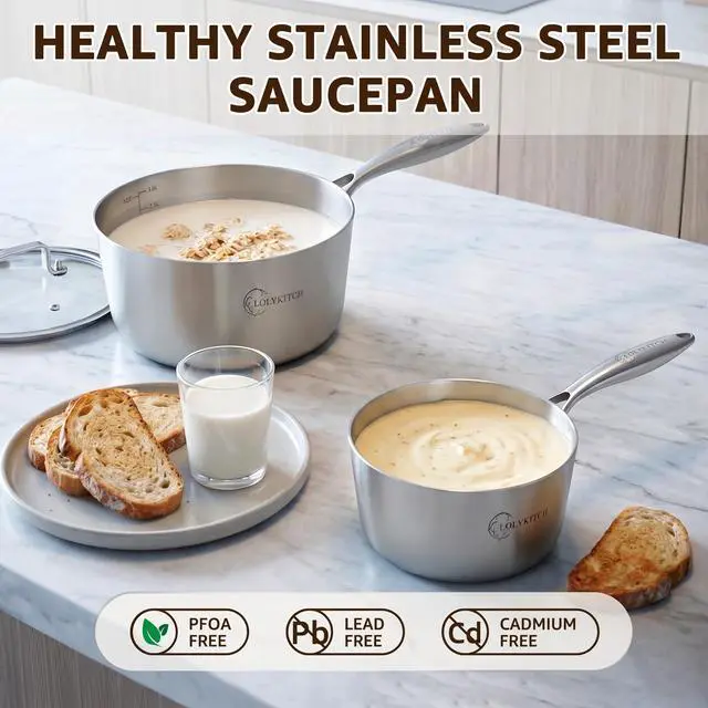 Alt view image 5 of 7 - Stainless Steel Saucepan Set with Glass Lids, 1QT & 3QT Cooking Pots, Uncoated Heavy Bottom Metal Sauce Pans for Induction Cooktop, Ergonomic Handle