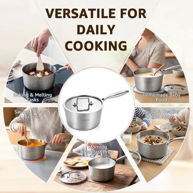 Alt view image 6 of 7 - Stainless Steel Saucepan Set with Glass Lids, 1QT & 3QT Cooking Pots, Uncoated Heavy Bottom Metal Sauce Pans for Induction Cooktop, Ergonomic Handle