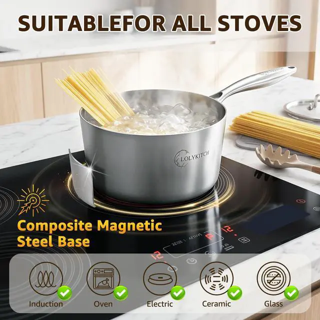Alt view image 7 of 7 - Stainless Steel Saucepan Set with Glass Lids, 1QT & 3QT Cooking Pots, Uncoated Heavy Bottom Metal Sauce Pans for Induction Cooktop, Ergonomic Handle