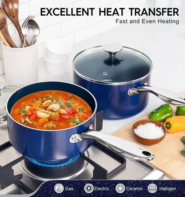 Alt view image 3 of 7 - 3 Quart Saucepan with Lid, Nonstick Ceramic Sauce Pan with Stainless Steel Handle, 3 Qt Saucepan with Lid Induction Compatible, Oven Safe, Blue