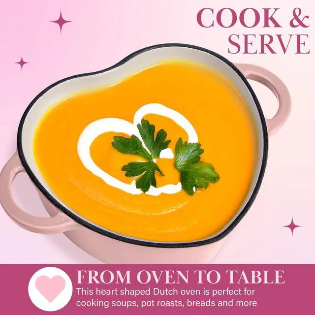 Alt view image 2 of 7 - Enameled Cast Iron Dutch Oven Pot with Lid, Heart-Shaped Dutch Oven, Durable Cast Iron Pot with Dual Handles, Oven Safe to 500°F, Works on All Stovetops, 2-Quart, Pink