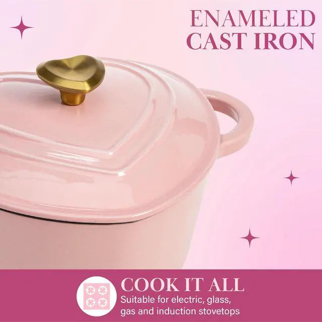 Alt view image 3 of 7 - Enameled Cast Iron Dutch Oven Pot with Lid, Heart-Shaped Dutch Oven, Durable Cast Iron Pot with Dual Handles, Oven Safe to 500°F, Works on All Stovetops, 2-Quart, Pink