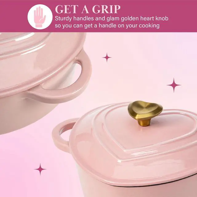 Alt view image 4 of 7 - Enameled Cast Iron Dutch Oven Pot with Lid, Heart-Shaped Dutch Oven, Durable Cast Iron Pot with Dual Handles, Oven Safe to 500°F, Works on All Stovetops, 2-Quart, Pink