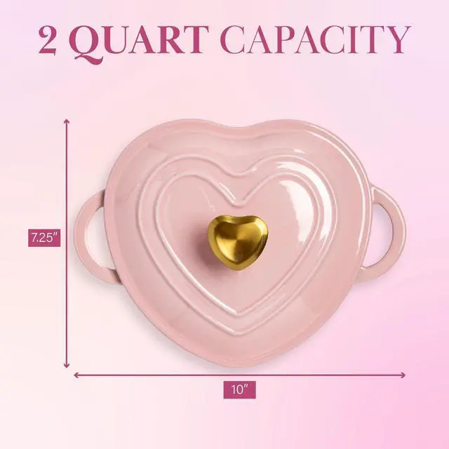 Alt view image 6 of 7 - Enameled Cast Iron Dutch Oven Pot with Lid, Heart-Shaped Dutch Oven, Durable Cast Iron Pot with Dual Handles, Oven Safe to 500°F, Works on All Stovetops, 2-Quart, Pink