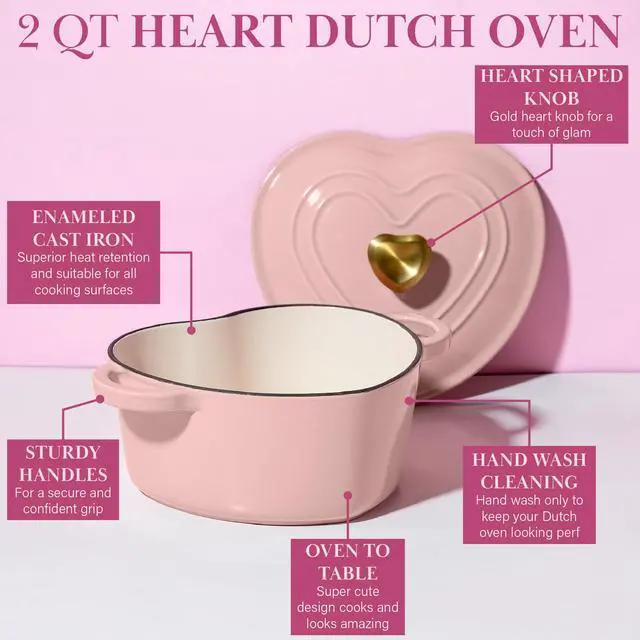 Alt view image 5 of 7 - Enameled Cast Iron Dutch Oven Pot with Lid, Heart-Shaped Dutch Oven, Durable Cast Iron Pot with Dual Handles, Oven Safe to 500°F, Works on All Stovetops, 2-Quart, Pink