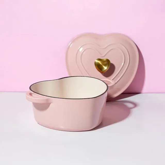 Alt view image 7 of 7 - Enameled Cast Iron Dutch Oven Pot with Lid, Heart-Shaped Dutch Oven, Durable Cast Iron Pot with Dual Handles, Oven Safe to 500°F, Works on All Stovetops, 2-Quart, Pink