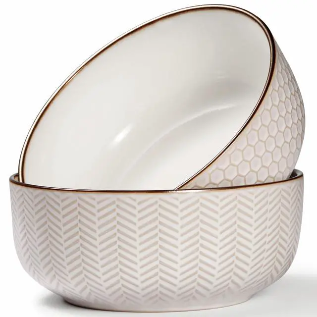 Main image of Ceramic Salad Bowls, Embossed Large Kitchen Bowls, For Serving Pasta, Soup, Fruits, Microwave and Dishwasher Safe, Cream with Dark Copper Accents, Set of 2, 60 oz, Narbonne Collection