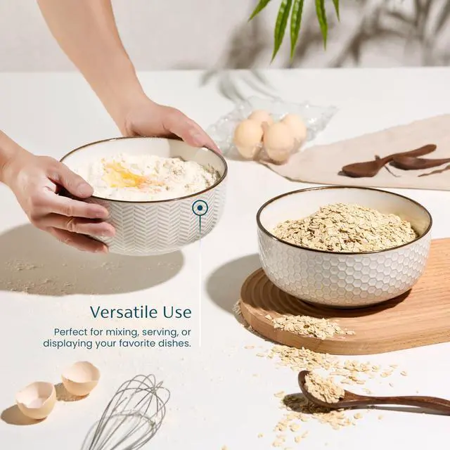 Alt view image 2 of 7 - Ceramic Salad Bowls, Embossed Large Kitchen Bowls, For Serving Pasta, Soup, Fruits, Microwave and Dishwasher Safe, Cream with Dark Copper Accents, Set of 2, 60 oz, Narbonne Collection