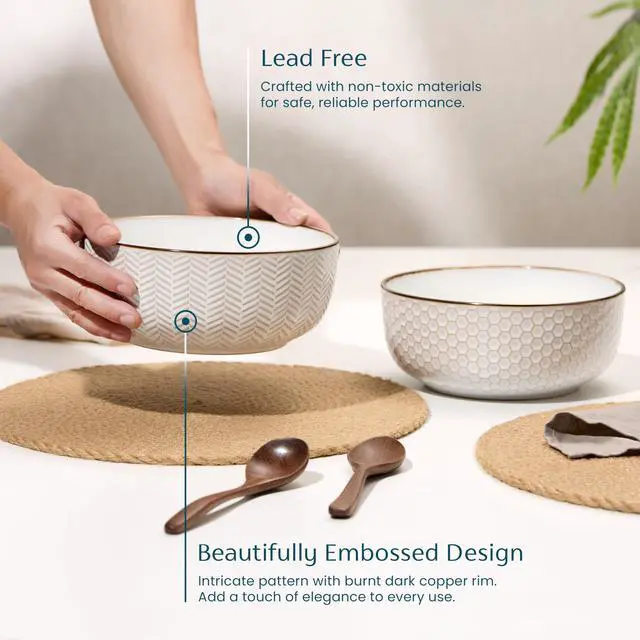 Alt view image 3 of 7 - Ceramic Salad Bowls, Embossed Large Kitchen Bowls, For Serving Pasta, Soup, Fruits, Microwave and Dishwasher Safe, Cream with Dark Copper Accents, Set of 2, 60 oz, Narbonne Collection