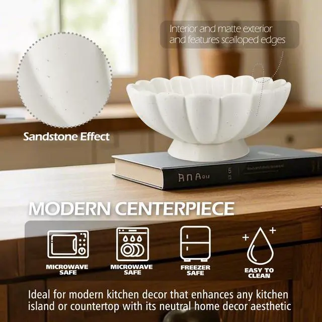 Alt view image 3 of 7 - 8" White Fluted Scalloped Decorative Bowls -Moderate Ceramic Fruit Bowl for Kitchen Counter, Elegant Wavy Edge Centerpiece Bowls for Home Decor, Perfect for Housewarming &Wedding Gift