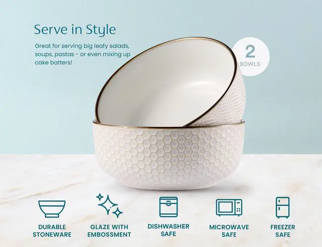 Alt view image 6 of 7 - Ceramic Salad Bowls, Embossed Large Kitchen Bowls, For Serving Pasta, Soup, Fruits, Microwave and Dishwasher Safe, Cream with Dark Copper Accents, Set of 2, 60 oz, Narbonne Collection