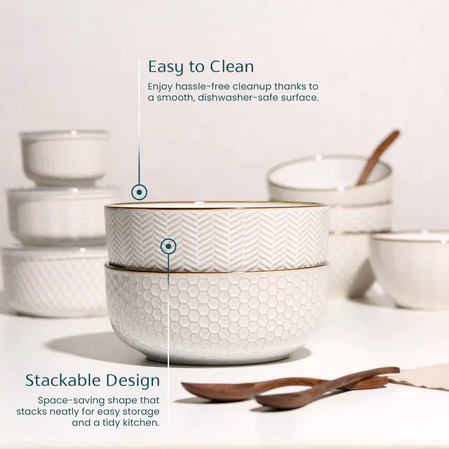 Alt view image 5 of 7 - Ceramic Salad Bowls, Embossed Large Kitchen Bowls, For Serving Pasta, Soup, Fruits, Microwave and Dishwasher Safe, Cream with Dark Copper Accents, Set of 2, 60 oz, Narbonne Collection
