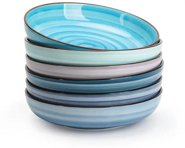 Main image of Large Pasta Bowls 34 oz, Ceramic Salad Serving Bowls Set of 6, 8.6 Inch Wide and Shallow for Soup- Dishwasher and Microwave Safe, Assorted Cool Colors