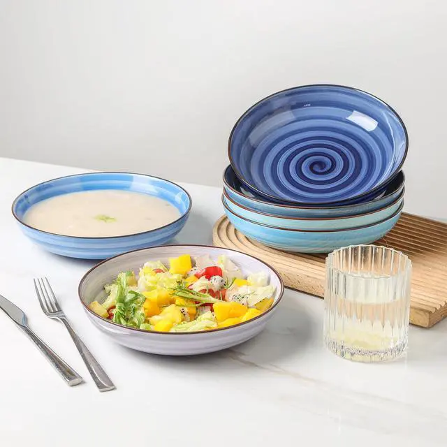 Alt view image 3 of 7 - Large Pasta Bowls 34 oz, Ceramic Salad Serving Bowls Set of 6, 8.6 Inch Wide and Shallow for Soup- Dishwasher and Microwave Safe, Assorted Cool Colors