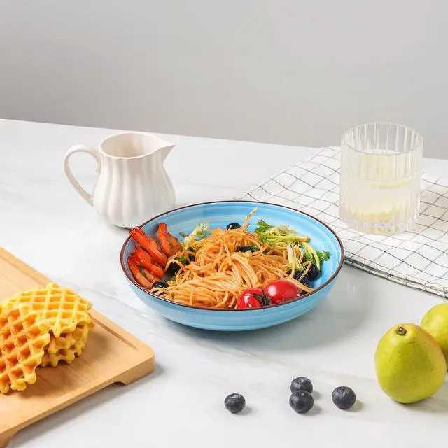 Alt view image 7 of 7 - Large Pasta Bowls 34 oz, Ceramic Salad Serving Bowls Set of 6, 8.6 Inch Wide and Shallow for Soup- Dishwasher and Microwave Safe, Assorted Cool Colors