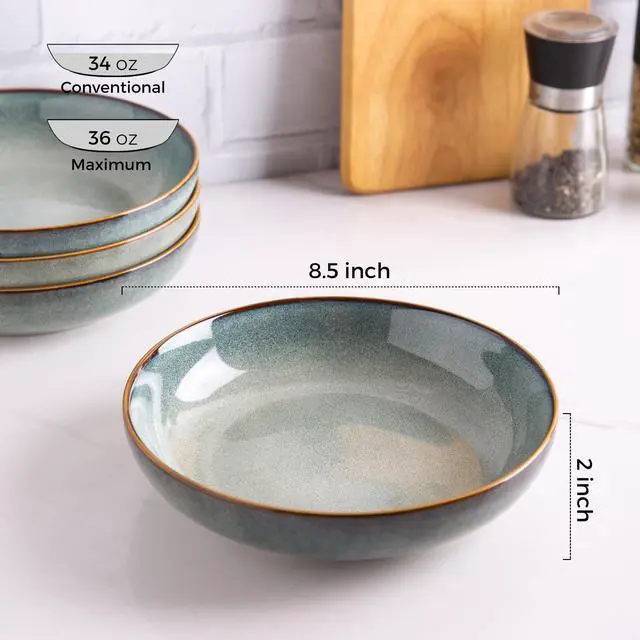 Alt view image 2 of 7 - 8.5'' Large Ceramic Pasta Bowls, 36oz Stoneware Pasta Serving Bowls Set of 4 for Kitchen, Wide Bowls for Pasta,Salad,Oatmeal, Microwave Safe, Reactive Glaze-Ocean