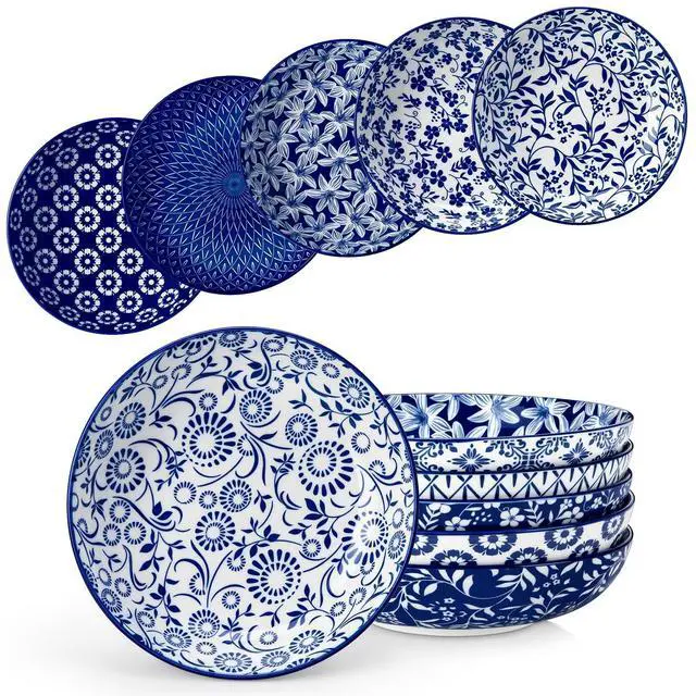 Main image of Selene 8.5" Pasta Bowls Set of 6, 40 oz Porcelain Shallow Salad Bowls, Serving Bowls Large Kitchen Bowl Plates Pasta Plates, Blue & White Floral Design, Microwave Safe