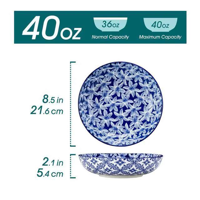 Alt view image 2 of 7 - Selene 8.5" Pasta Bowls Set of 6, 40 oz Porcelain Shallow Salad Bowls, Serving Bowls Large Kitchen Bowl Plates Pasta Plates, Blue & White Floral Design, Microwave Safe