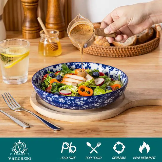 Alt view image 3 of 7 - Selene 8.5" Pasta Bowls Set of 6, 40 oz Porcelain Shallow Salad Bowls, Serving Bowls Large Kitchen Bowl Plates Pasta Plates, Blue & White Floral Design, Microwave Safe