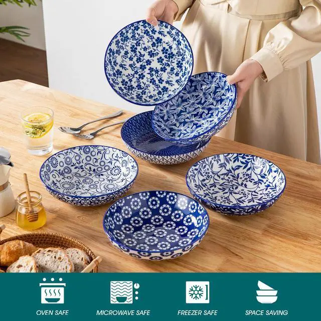 Alt view image 4 of 7 - Selene 8.5" Pasta Bowls Set of 6, 40 oz Porcelain Shallow Salad Bowls, Serving Bowls Large Kitchen Bowl Plates Pasta Plates, Blue & White Floral Design, Microwave Safe