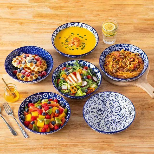 Alt view image 5 of 7 - Selene 8.5" Pasta Bowls Set of 6, 40 oz Porcelain Shallow Salad Bowls, Serving Bowls Large Kitchen Bowl Plates Pasta Plates, Blue & White Floral Design, Microwave Safe