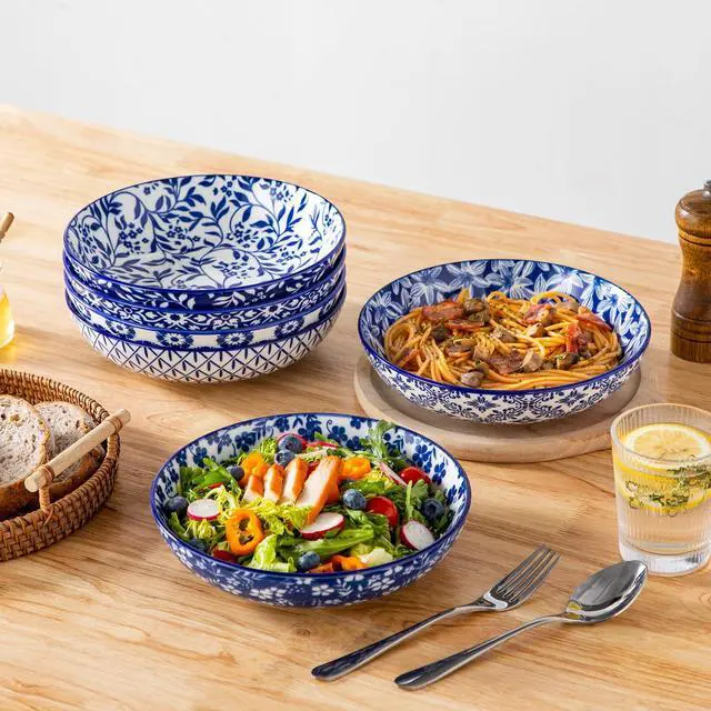 Alt view image 6 of 7 - Selene 8.5" Pasta Bowls Set of 6, 40 oz Porcelain Shallow Salad Bowls, Serving Bowls Large Kitchen Bowl Plates Pasta Plates, Blue & White Floral Design, Microwave Safe