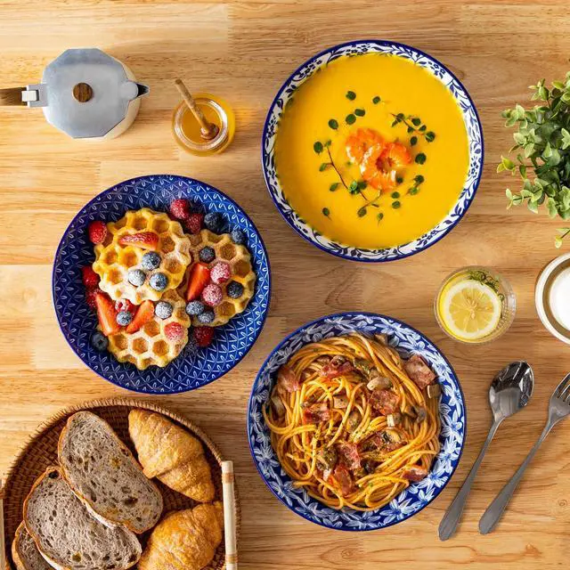 Alt view image 7 of 7 - Selene 8.5" Pasta Bowls Set of 6, 40 oz Porcelain Shallow Salad Bowls, Serving Bowls Large Kitchen Bowl Plates Pasta Plates, Blue & White Floral Design, Microwave Safe