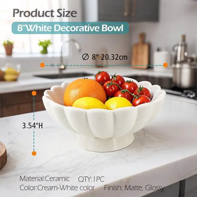 Alt view image 4 of 7 - 8" White Fluted Scalloped Decorative Bowls -Moderate Ceramic Fruit Bowl for Kitchen Counter, Elegant Wavy Edge Centerpiece Bowls for Home Decor, Perfect for Housewarming &Wedding Gift