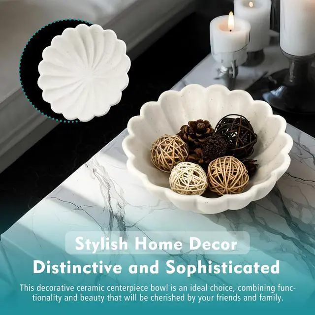 Alt view image 6 of 7 - 8" White Fluted Scalloped Decorative Bowls -Moderate Ceramic Fruit Bowl for Kitchen Counter, Elegant Wavy Edge Centerpiece Bowls for Home Decor, Perfect for Housewarming &Wedding Gift