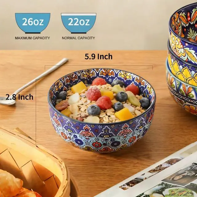 Alt view image 3 of 7 - Cereal Bowls, 26 Oz Ceramic Soup Bowl Set of 6, Colorful Bowl for Kitchen Cooking, Ideal for Rice Oatmeal Fruit Ice Cream Dessert, Dishwasher & Microwave Safe, Bohemian