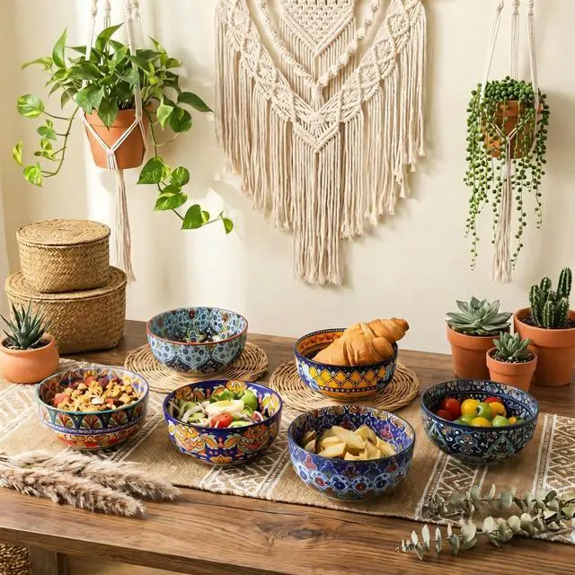 Alt view image 7 of 7 - Cereal Bowls, 26 Oz Ceramic Soup Bowl Set of 6, Colorful Bowl for Kitchen Cooking, Ideal for Rice Oatmeal Fruit Ice Cream Dessert, Dishwasher & Microwave Safe, Bohemian