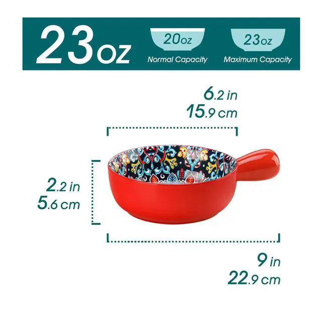 Alt view image 2 of 7 - Soup Bowls with Handles, 23 Oz French Onion Soup Bowls Oven Safe, Bohemian Ceramic Soup Crocks for Cereal, Pasta, Beef Stew, Chilli, Microwave Dishwasher Safe-6.2 inch, Set of 4