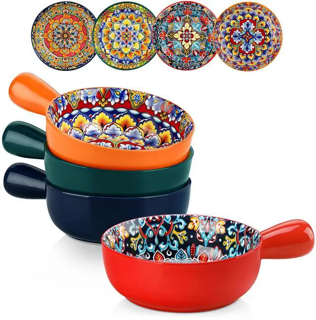 Main image of Soup Bowls with Handles, 23 Oz French Onion Soup Bowls Oven Safe, Bohemian Ceramic Soup Crocks for Cereal, Pasta, Beef Stew, Chilli, Microwave Dishwasher Safe-6.2 inch, Set of 4