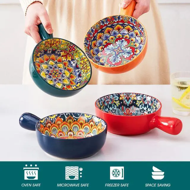 Alt view image 4 of 7 - Soup Bowls with Handles, 23 Oz French Onion Soup Bowls Oven Safe, Bohemian Ceramic Soup Crocks for Cereal, Pasta, Beef Stew, Chilli, Microwave Dishwasher Safe-6.2 inch, Set of 4