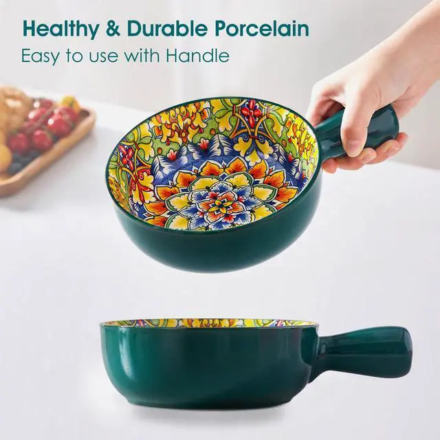 Alt view image 5 of 7 - Soup Bowls with Handles, 23 Oz French Onion Soup Bowls Oven Safe, Bohemian Ceramic Soup Crocks for Cereal, Pasta, Beef Stew, Chilli, Microwave Dishwasher Safe-6.2 inch, Set of 4