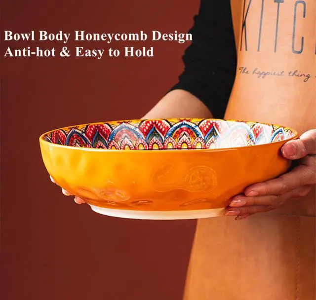 Alt view image 3 of 7 - Boho Large Serving Bowls, 10.2 Inch Fruit Salad Bowls, Decorative Serving Dishes for Entertaining, 80 OZ Pasta Bowls Set of 2, Vibrant Colorful Soup Bowls for Party, Home Decor, Bohemian Style Gift