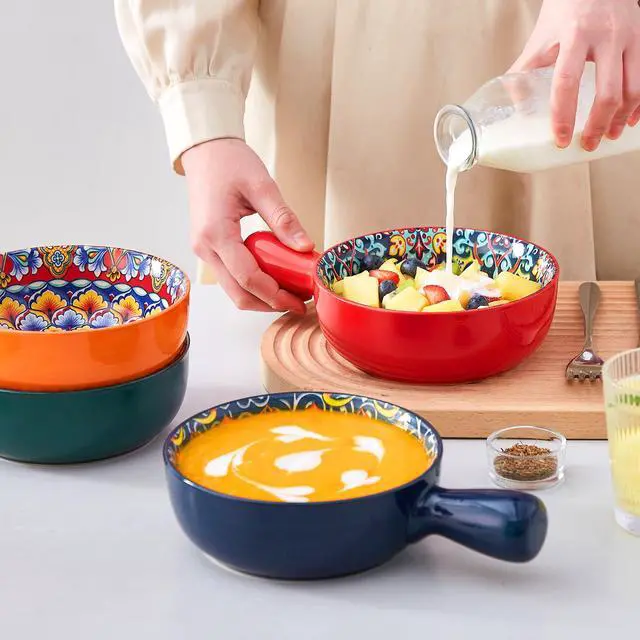 Alt view image 7 of 7 - Soup Bowls with Handles, 23 Oz French Onion Soup Bowls Oven Safe, Bohemian Ceramic Soup Crocks for Cereal, Pasta, Beef Stew, Chilli, Microwave Dishwasher Safe-6.2 inch, Set of 4
