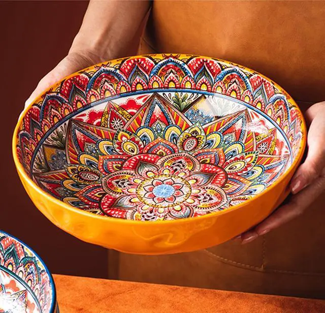 Alt view image 2 of 7 - Boho Large Serving Bowls, 10.2 Inch Fruit Salad Bowls, Decorative Serving Dishes for Entertaining, 80 OZ Pasta Bowls Set of 2, Vibrant Colorful Soup Bowls for Party, Home Decor, Bohemian Style Gift