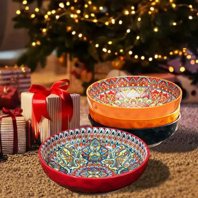 Alt view image 4 of 7 - Boho Large Serving Bowls, 10.2 Inch Fruit Salad Bowls, Decorative Serving Dishes for Entertaining, 80 OZ Pasta Bowls Set of 2, Vibrant Colorful Soup Bowls for Party, Home Decor, Bohemian Style Gift