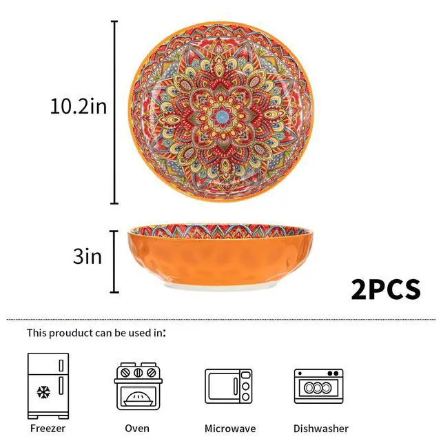 Alt view image 5 of 7 - Boho Large Serving Bowls, 10.2 Inch Fruit Salad Bowls, Decorative Serving Dishes for Entertaining, 80 OZ Pasta Bowls Set of 2, Vibrant Colorful Soup Bowls for Party, Home Decor, Bohemian Style Gift