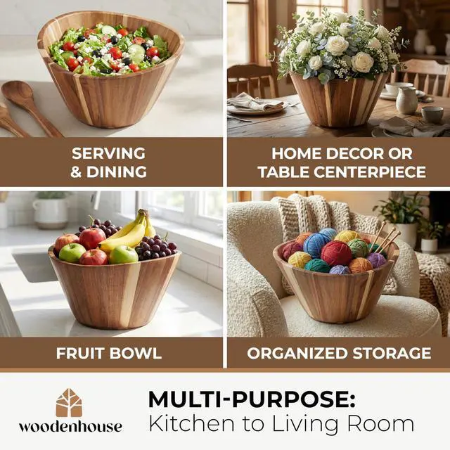 Alt view image 2 of 7 - Extra Large Wooden Salad Bowl - Acacia 12 Multi-Purpose Wood Bowls - Decorative Bowls for Home Decor, Storage, Serving, Yarn - Durable Wavy Handmade Design - Wooden Fruit Bowl for Kitchen Counter